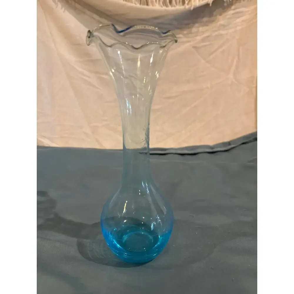 Vintage Aqua Blue Glass Bud Vase Etched Floral Ruffled Top Mid Century 8”